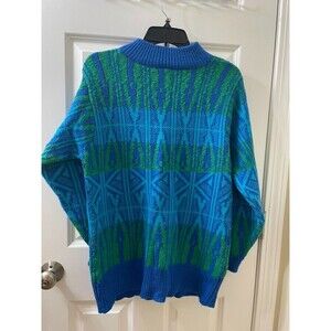 VTG Liz Claiborne Women’s Sweater Sz M Chunky Knit Blue GREEN GEOMETRIC